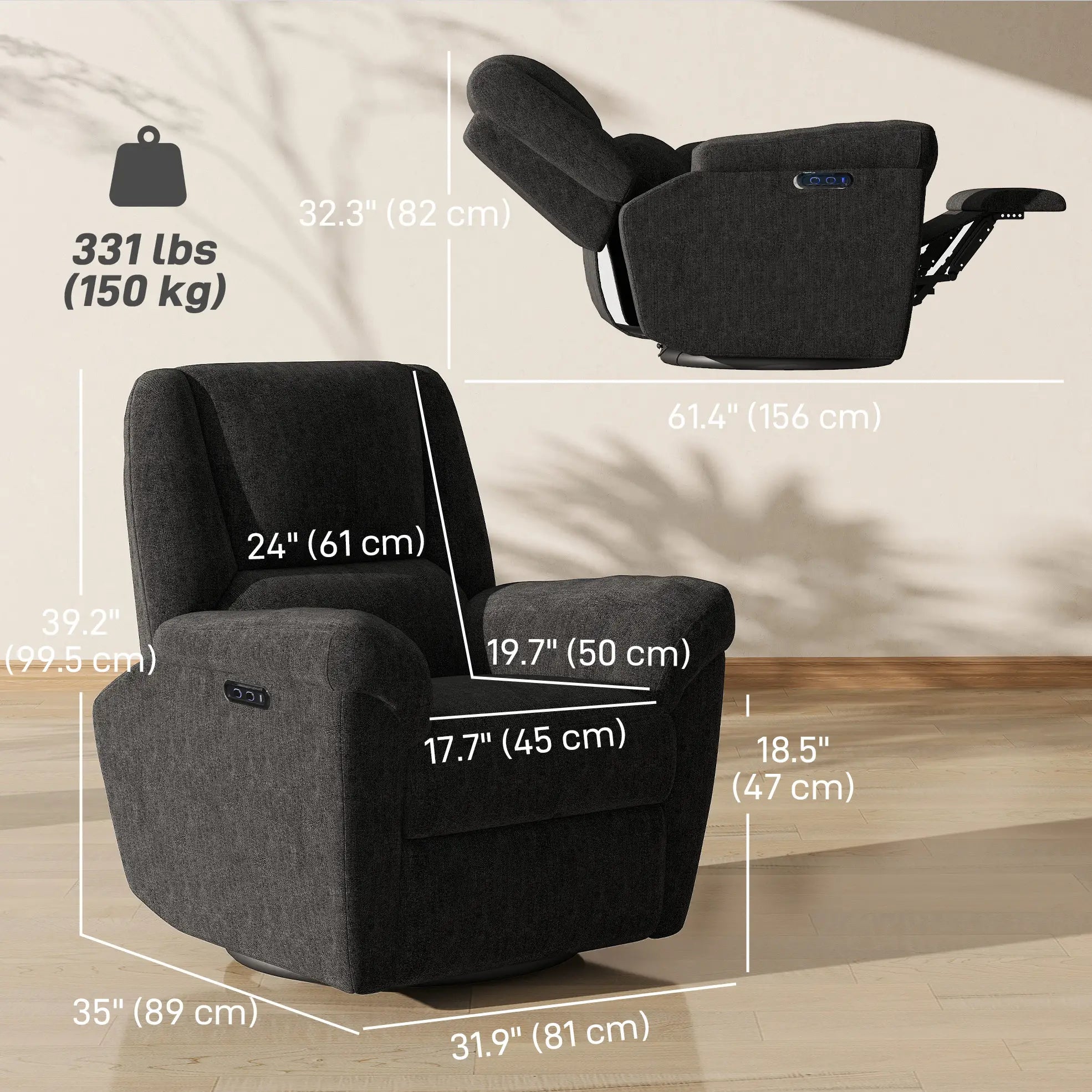 Power Recliner Chair, Fabric, USB Ports, Swivel & Rocking, Black Sofas & Reclining Chairs at Gallery Canada