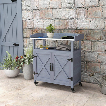 Outdoor Wooden Potting Bench, Storage Cabinet, Aluminum Tabletop, Grey Potting Benches & Tables at Gallery Canada