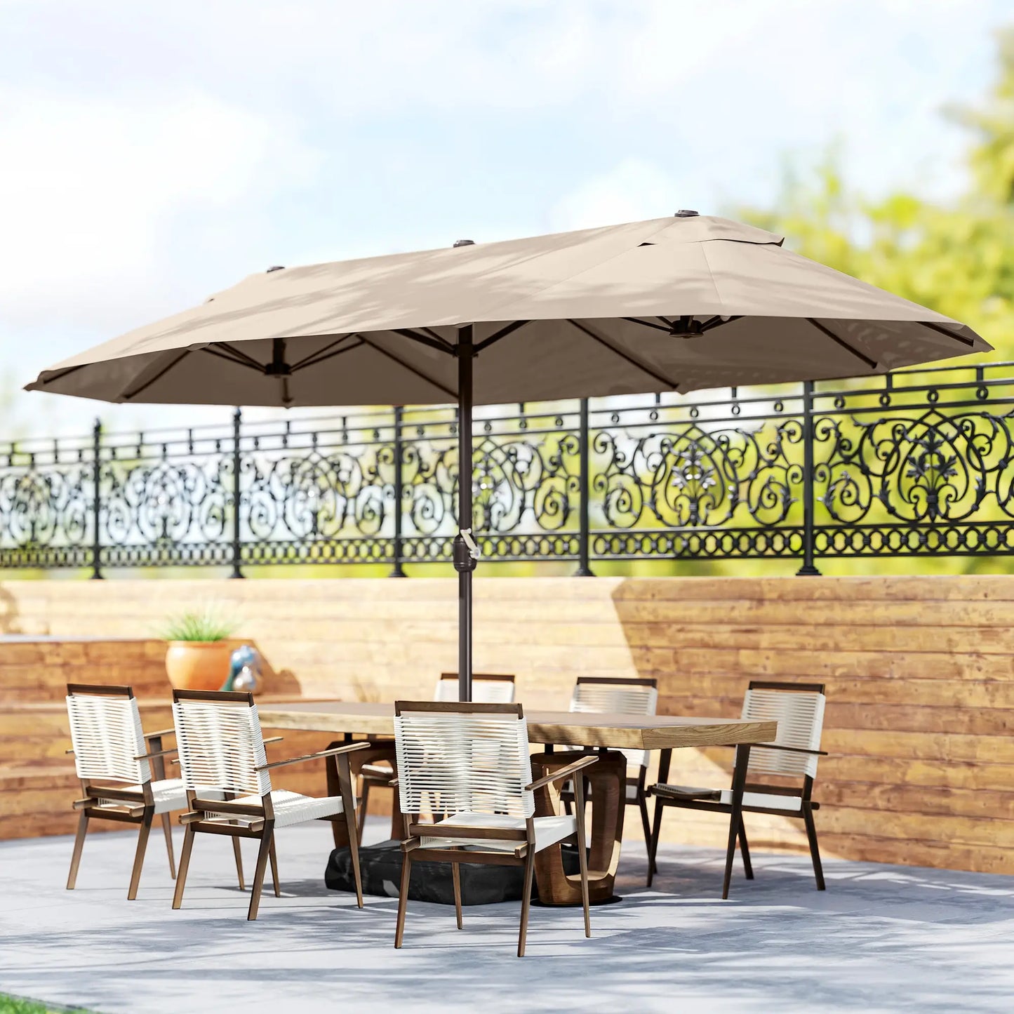 15' Outdoor Patio Umbrella, Twin Canopy, Lift Crank, Brown Sun Umbrellas at Gallery Canada