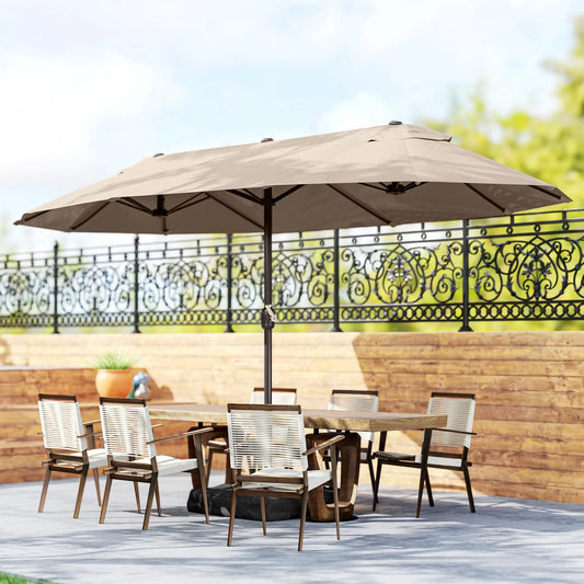 15' Outdoor Patio Umbrella, Twin Canopy, Lift Crank, Brown Sun Umbrellas Brown at Gallery Canada