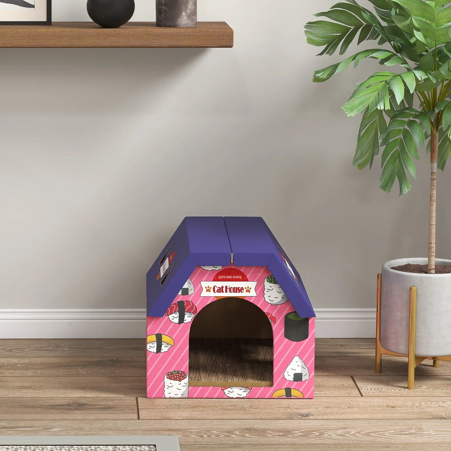 Cat Scratcher House, 2-in-1 Cardboard Scratching Pad with Door, Pink Cat Houses at Gallery Canada