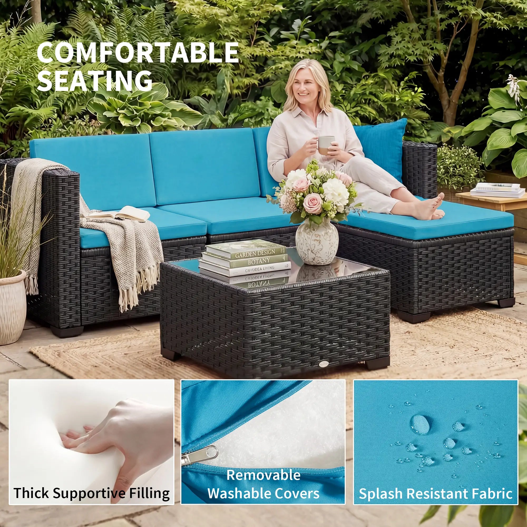 5 Piece Patio Furniture Set, L-Shape Wicker Sectional, Turquoise Patio Furniture Sets at Gallery Canada