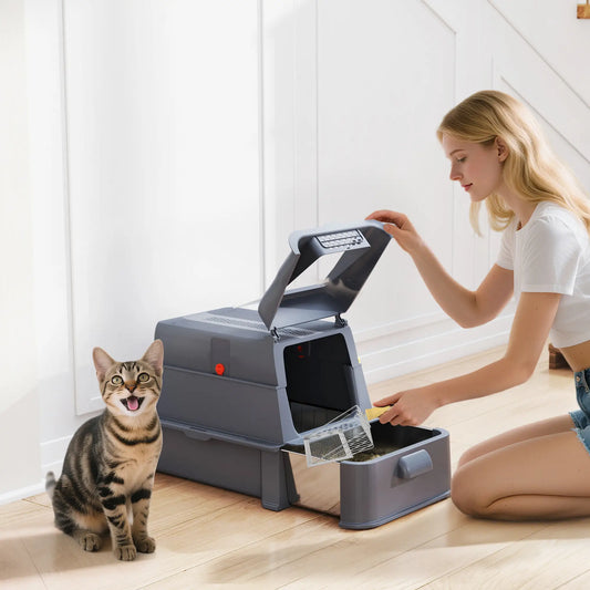 80L XL Stainless Steel Cat Litter Box, Flip Cover, Pull-Out Drawer, Dark Grey Cat Litter Box Enclosures Dark Grey at Gallery Canada