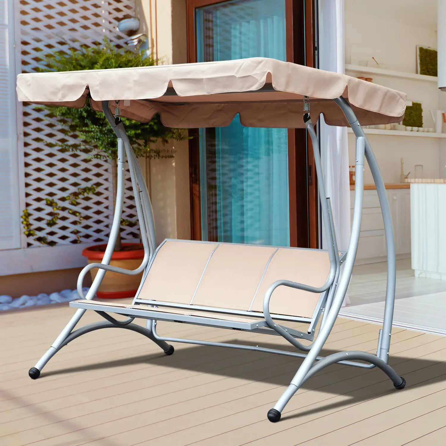 3 Seat Metal Swing Chair Hammock, Canopy Cover, Heavy Duty, Patio Garden Outdoor, Beige Patio Swings with Stand at Gallery Canada