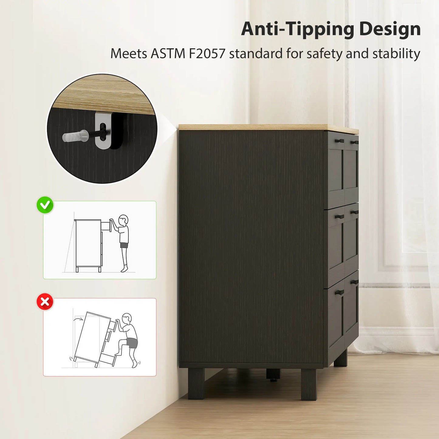 47" Wide Chest Of Drawers, Modern Dresser, 6 Drawers, Wood Legs, Black Storage Cabinets at Gallery Canada