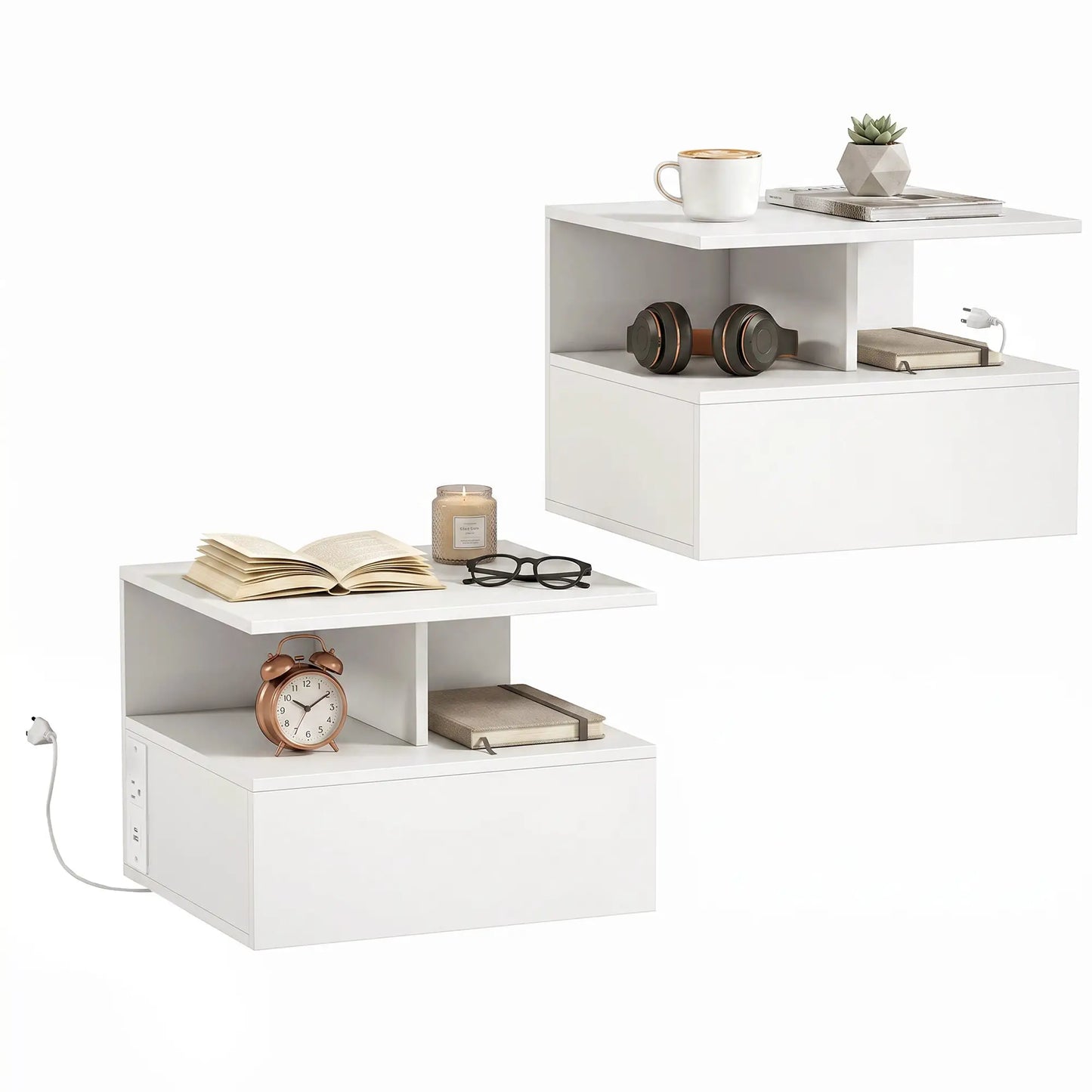 Floating Nightstand Set of 2, Wall Mounted Bedside Table with with Power Outlets, Drawer and Shelf, White