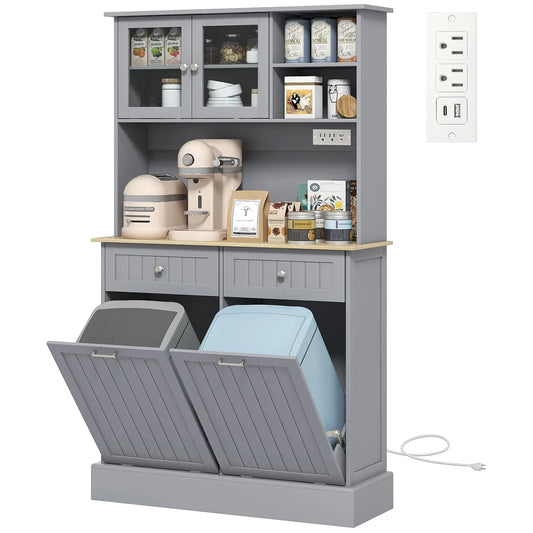 Kitchen Cabinet with Charging Station, 2 Tilt Out Cabinets, Microwave Stand, Grey Kitchen Pantry Cabinets Grey, Nature Wood at Gallery Canada