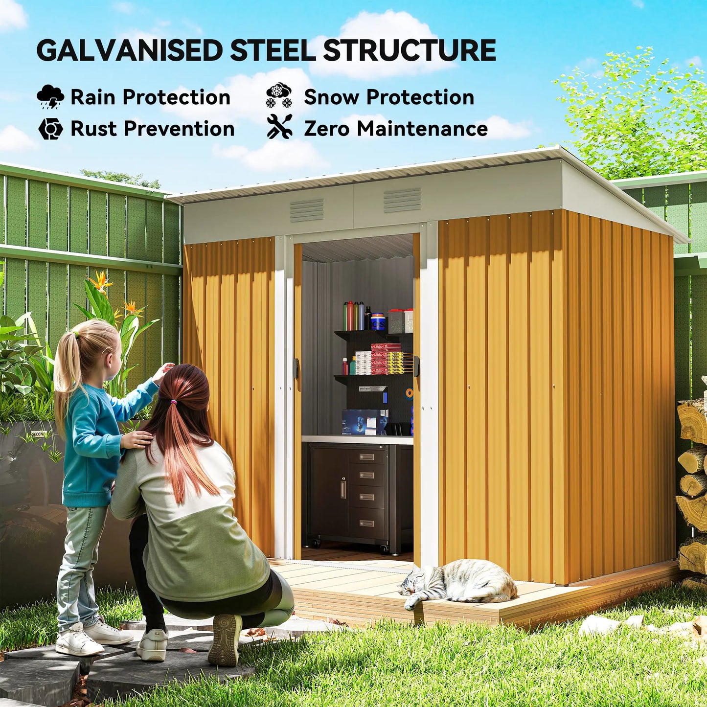 7' x 4' Metal Storage Shed, Outdoor Garden Tool Organizer, Yellow