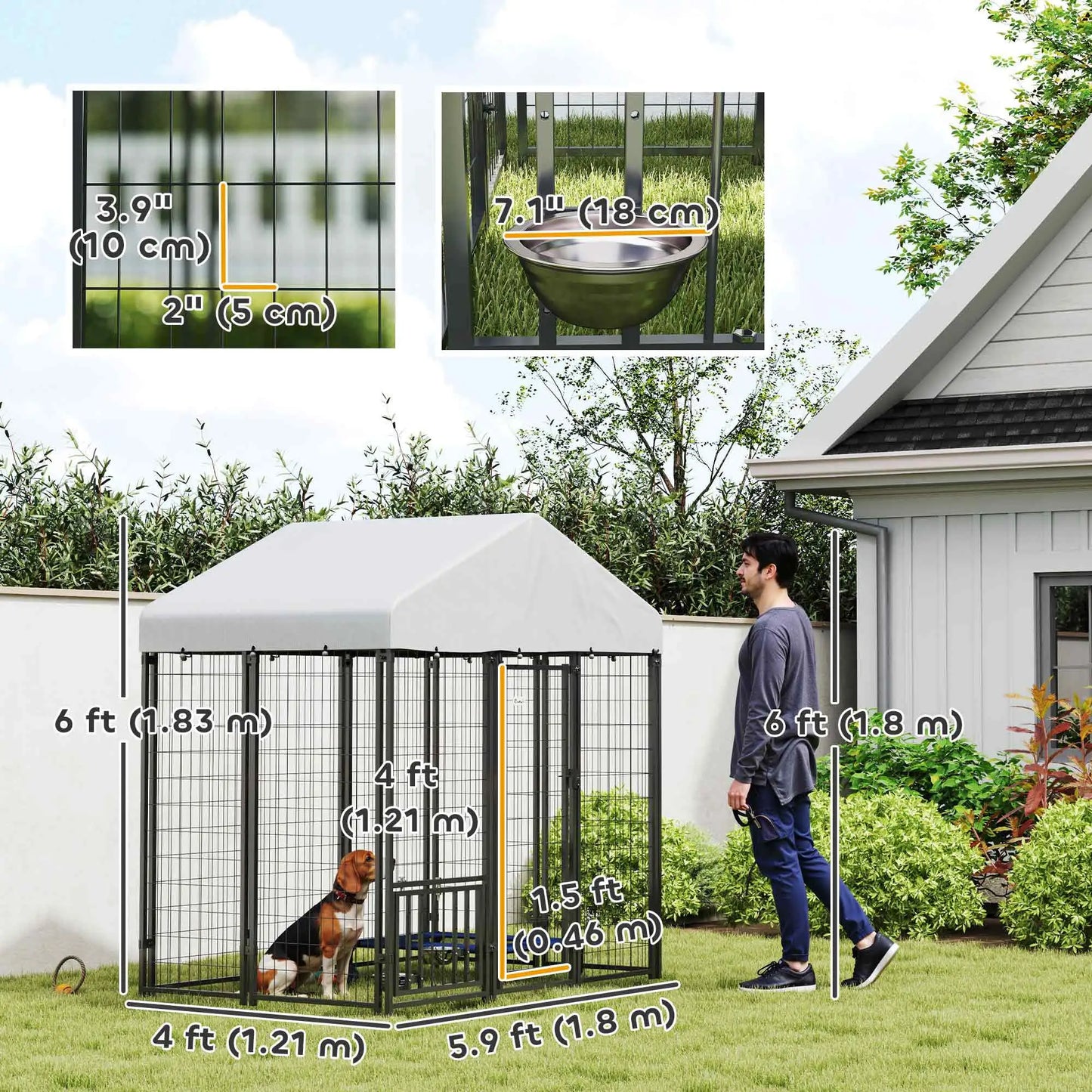 Outdoor Dog Kennel, Waterproof UV-Resistant Cover, Adjustable Feeding Bowls, 5.9 x 4 x 6 ft Houses, Kennels & Pens at Gallery Canada