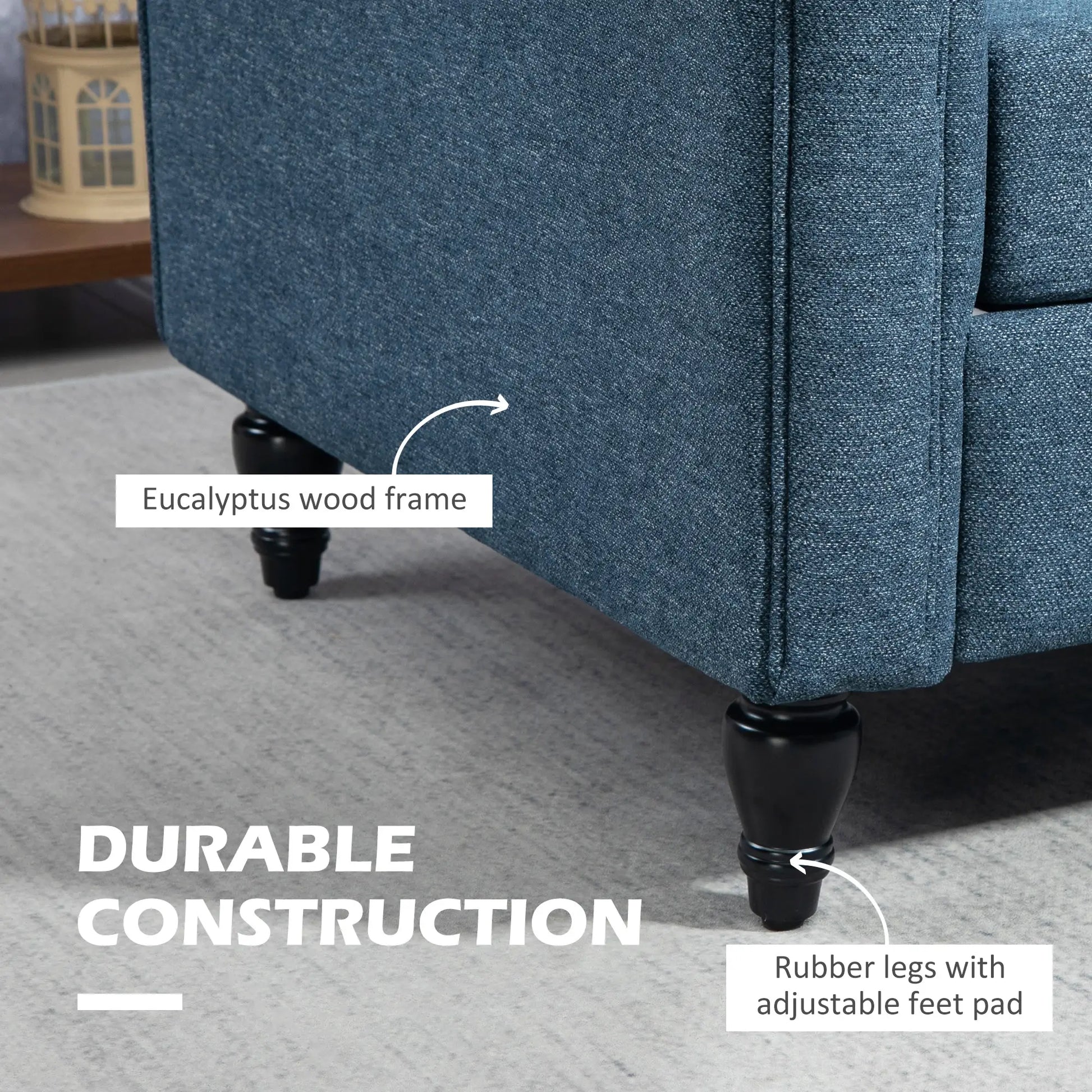 Vintage Loveseat, Fabric 2 Seater Sofa, Rolled Arms, Rubber Wood Legs, Dark Blue 2-Seater Sofas at Gallery Canada