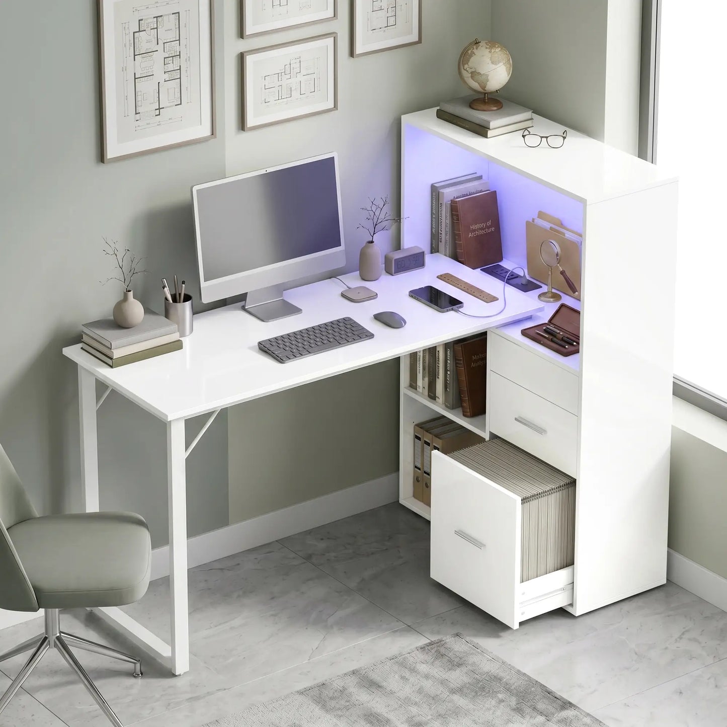54" Computer Desk With Drawers, Power Outlets, LED Lights, White Computer Desks at Gallery Canada