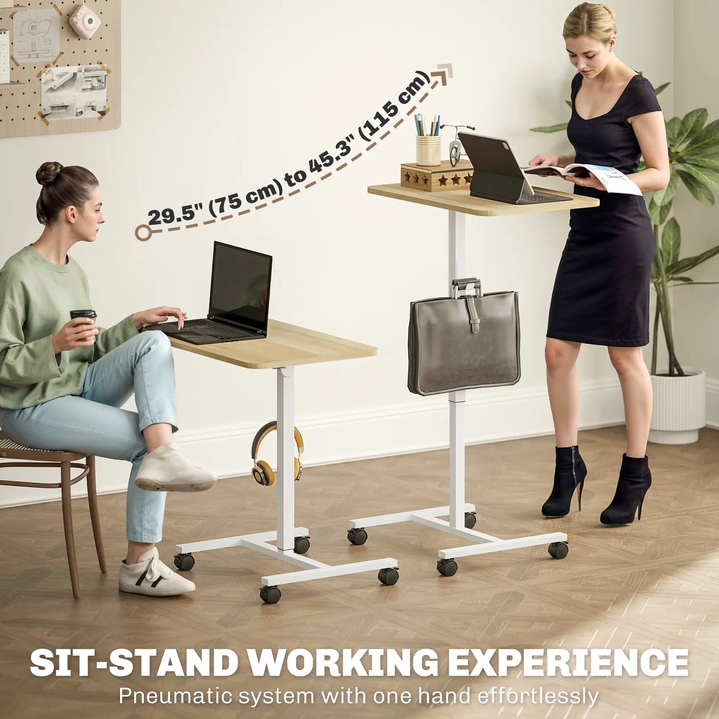 Adjustable Standing Desk, Pneumatic Sit Stand, Wheels, Headphone Hook, Natural Office Desks & Work Stations at Gallery Canada