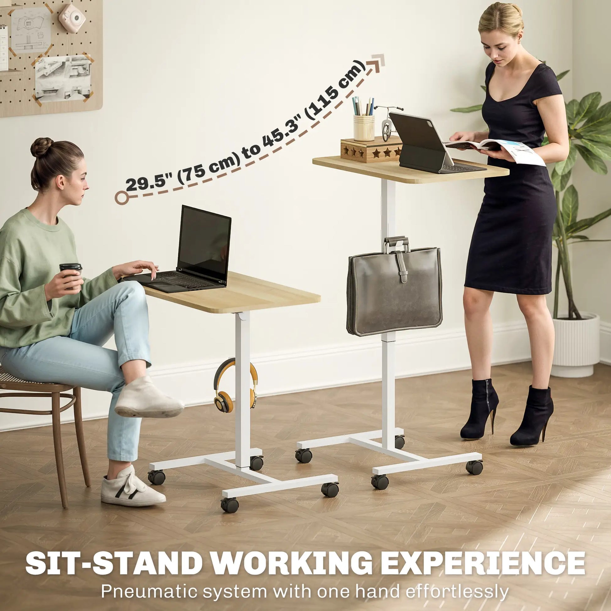 Adjustable Standing Desk, Pneumatic Sit Stand, Wheels, Headphone Hook, Natural Office Desks & Work Stations at Gallery Canada