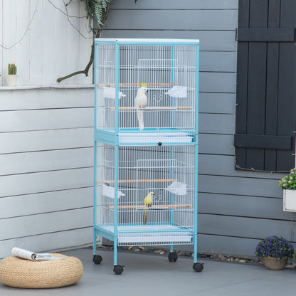 55.1" 2 In 1 Bird Cage Aviary Parakeet House for finches, budgies with Wheels, Slide-out Trays, Wood Perch, Food Containers, Light Blue at Gallery Canada