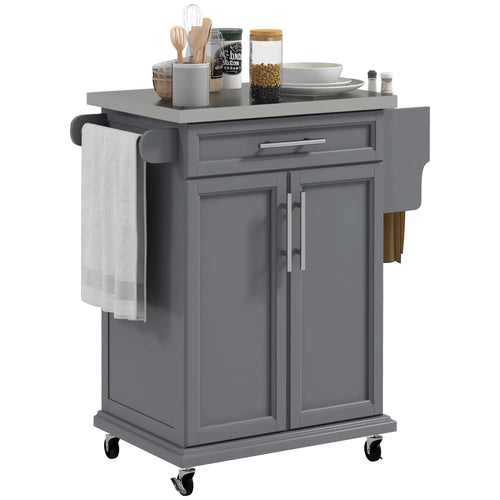 Kitchen Island, Stainless Steel Top, Rolling Cart with Drawer, Grey