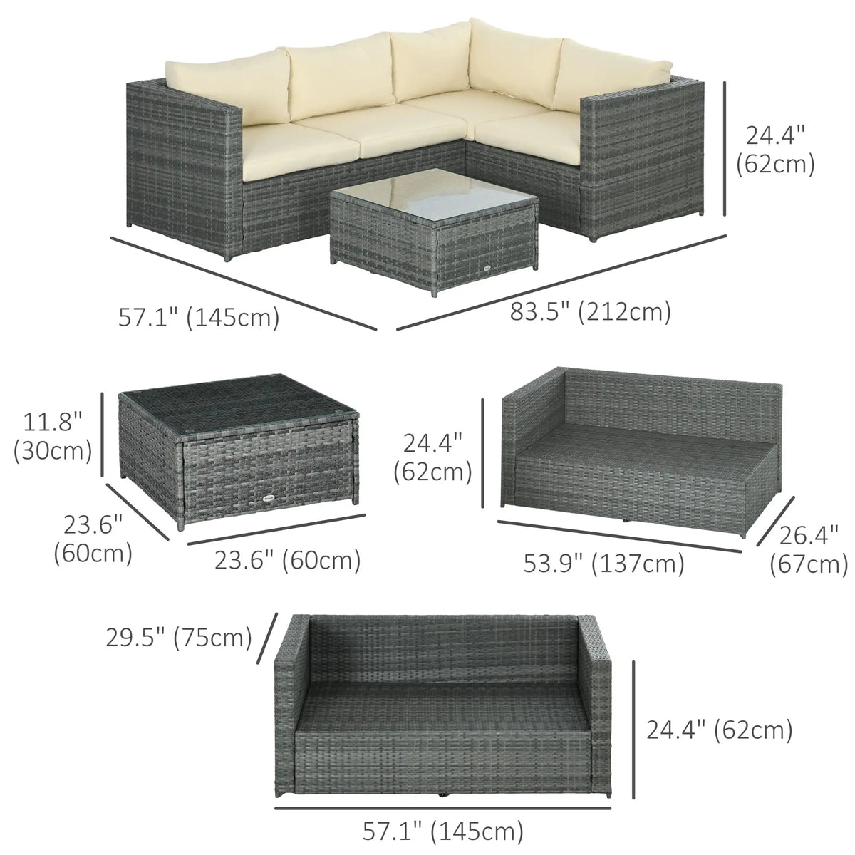 3 Piece Rattan Outdoor Furniture Set w/ Loveseats & Table, Beige Patio Furniture Sets at Gallery Canada