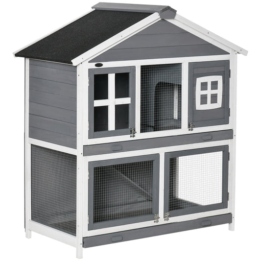 49" Wooden Rabbit Hutch 2 Tier Bunny House Pet Playpen Enclosure for Indoor Outdoor with Slide-out Tray, Ramp, for Rabbits and Small Animals, Grey - Gallery Canada