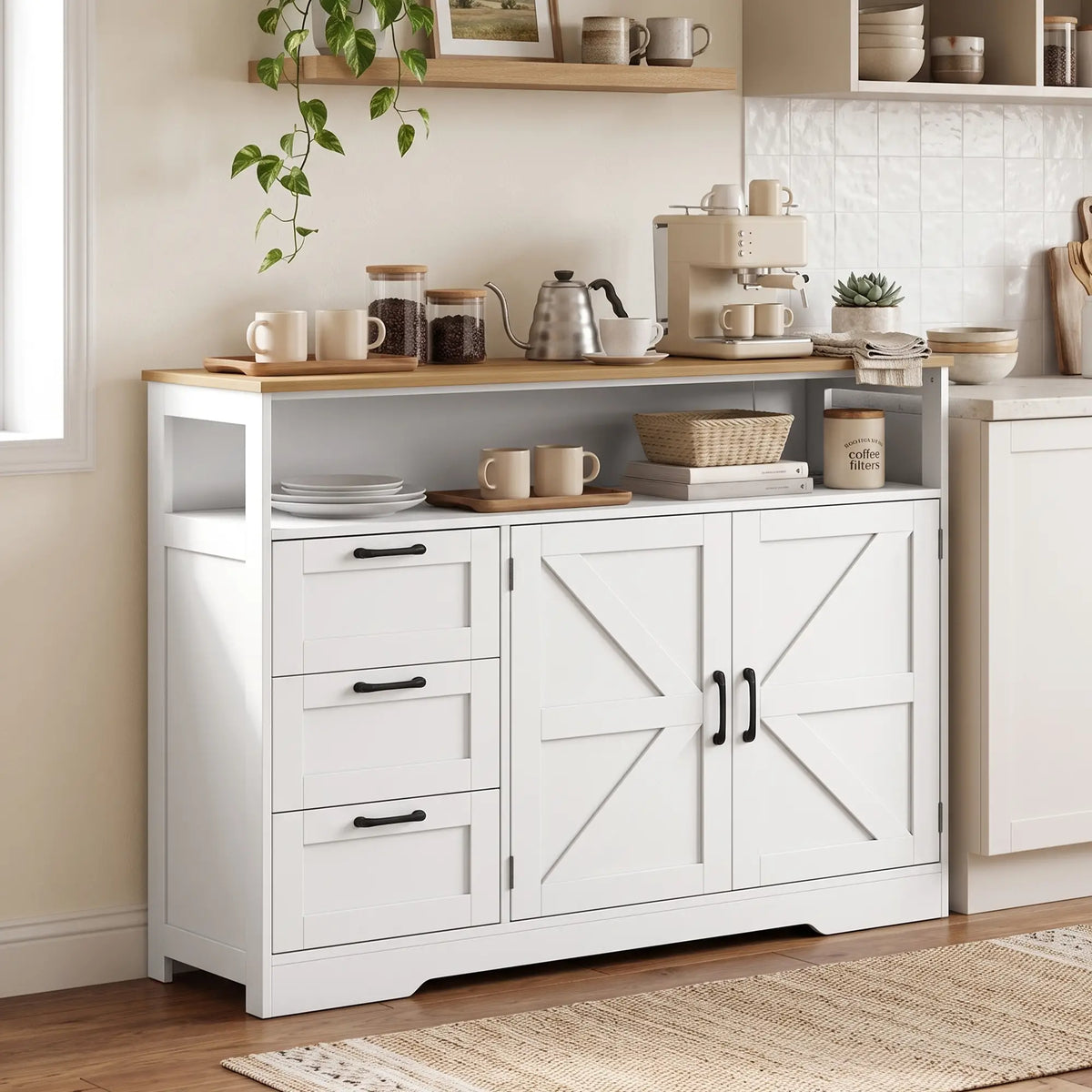 48" Farmhouse Sideboard Buffet Cabinet, 3 Drawers, Charging Station, White