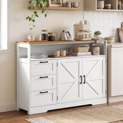 48" Farmhouse Sideboard Buffet Cabinet, 3 Drawers, Charging Station, White