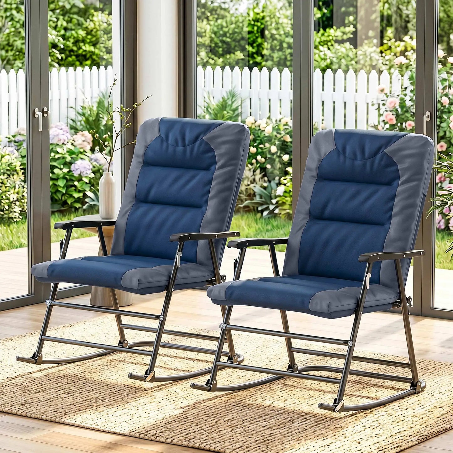 Folding Rocking Chair Set, 2 Padded Rockers with Armrest, Navy Blue Outdoor Rocking Chairs at Gallery Canada