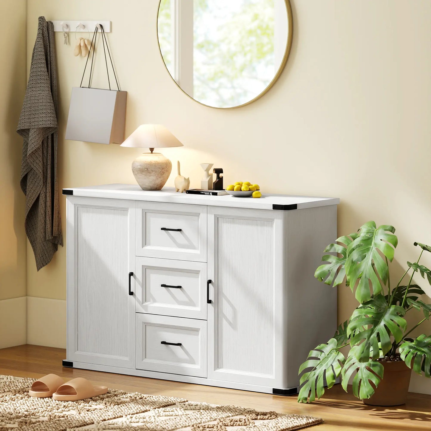 Sideboard With 3 Drawers, 2 Doors, 47" Buffet Cabinet, White Wood Grain, White Storage Cabinets at Gallery Canada