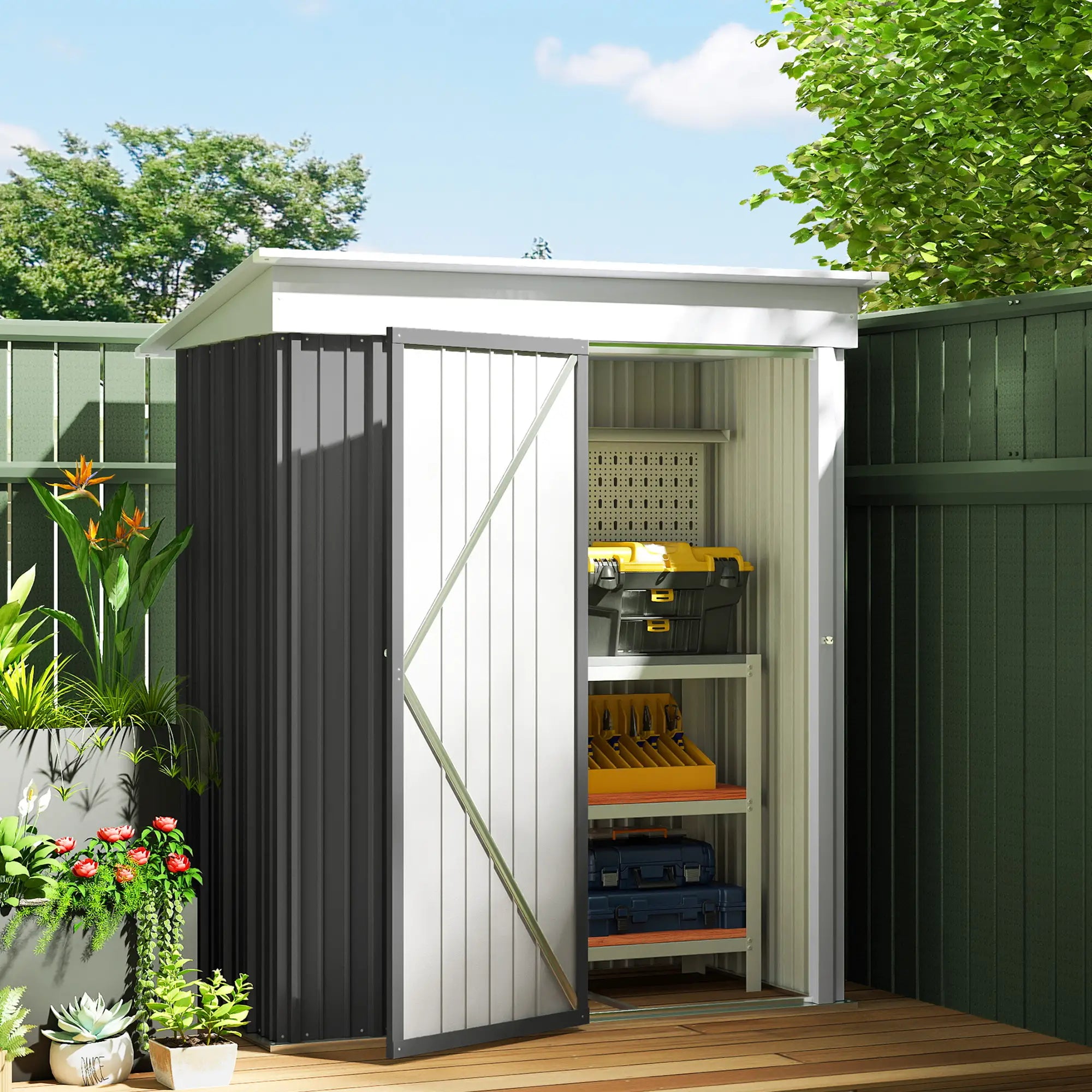 Outdoor Storage Shed, Steel Lean-To, Adjustable Shelf, 5'x3'x6', Dark Grey Sheds at Gallery Canada