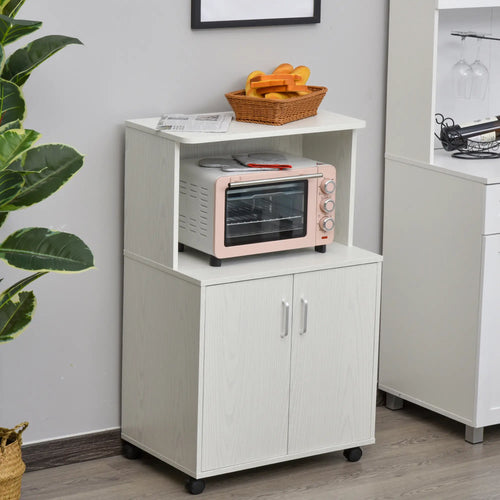 Microwave Cart on Wheels, 2-Door Cabinet, White Oak, White
