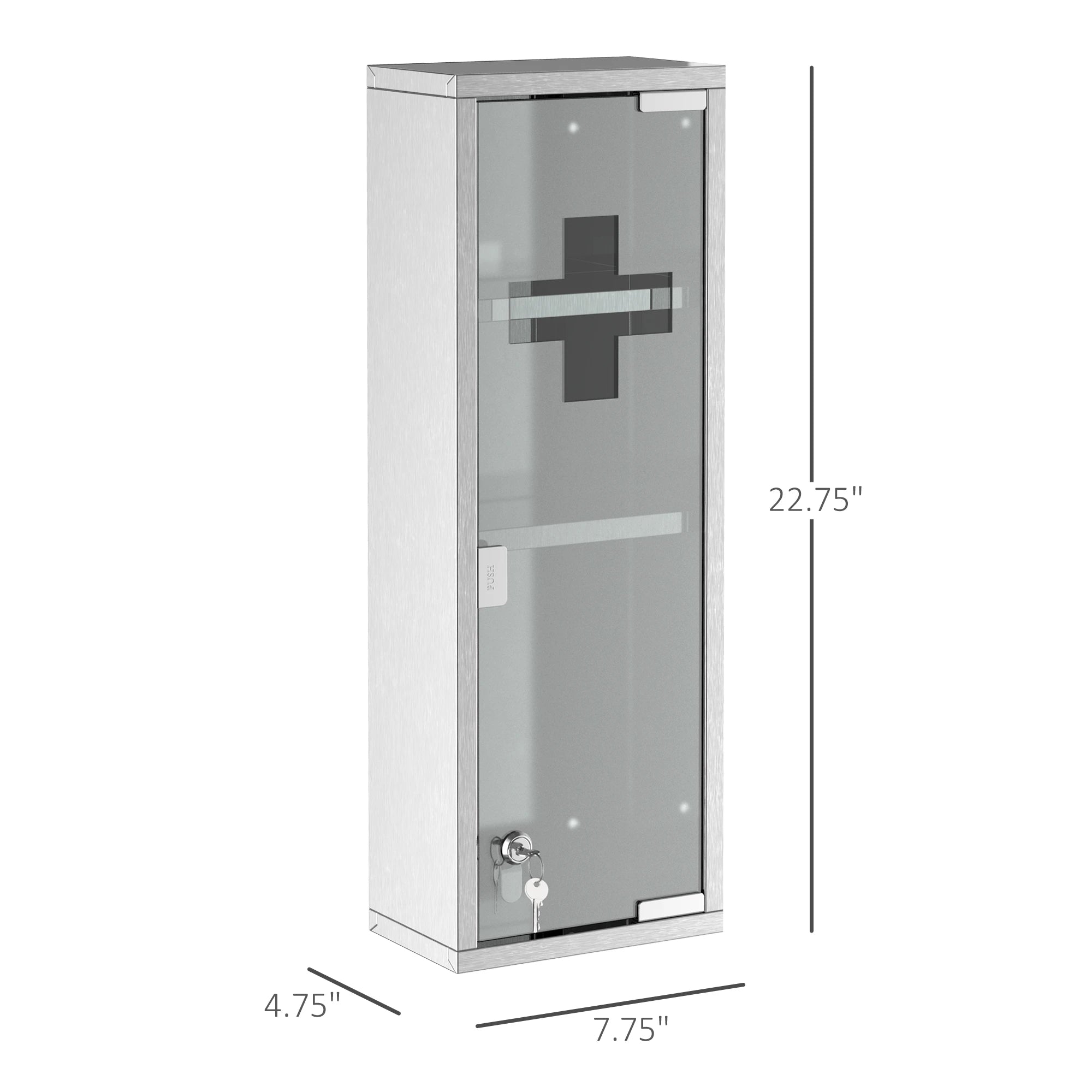 Wall Mount Medicine Cabinet, 3 Tier Shelves, Stainless Steel Frame, Glass Door, Lockable, 8