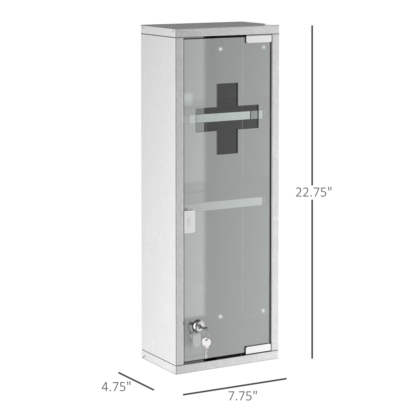 Wall Mount Medicine Cabinet, 3 Tier Shelves, Stainless Steel Frame, Glass Door, Lockable, 8" x 23", Silver Mirror Medicine Cabinets at Gallery Canada