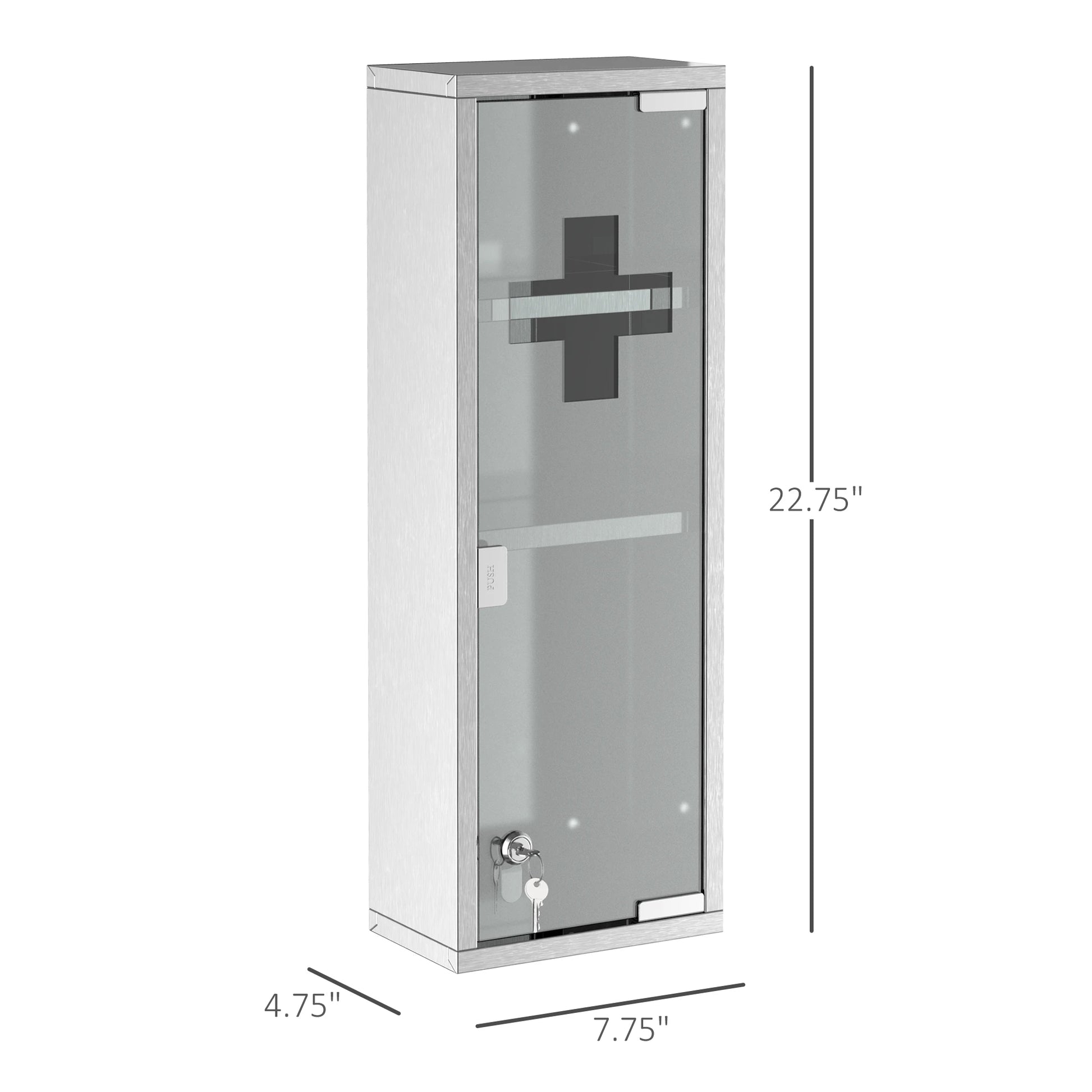 Wall Mount Medicine Cabinet, 3 Tier Shelves, Stainless Steel Frame, Glass Door, Lockable, 8" x 23", Silver Mirror Medicine Cabinets at Gallery Canada
