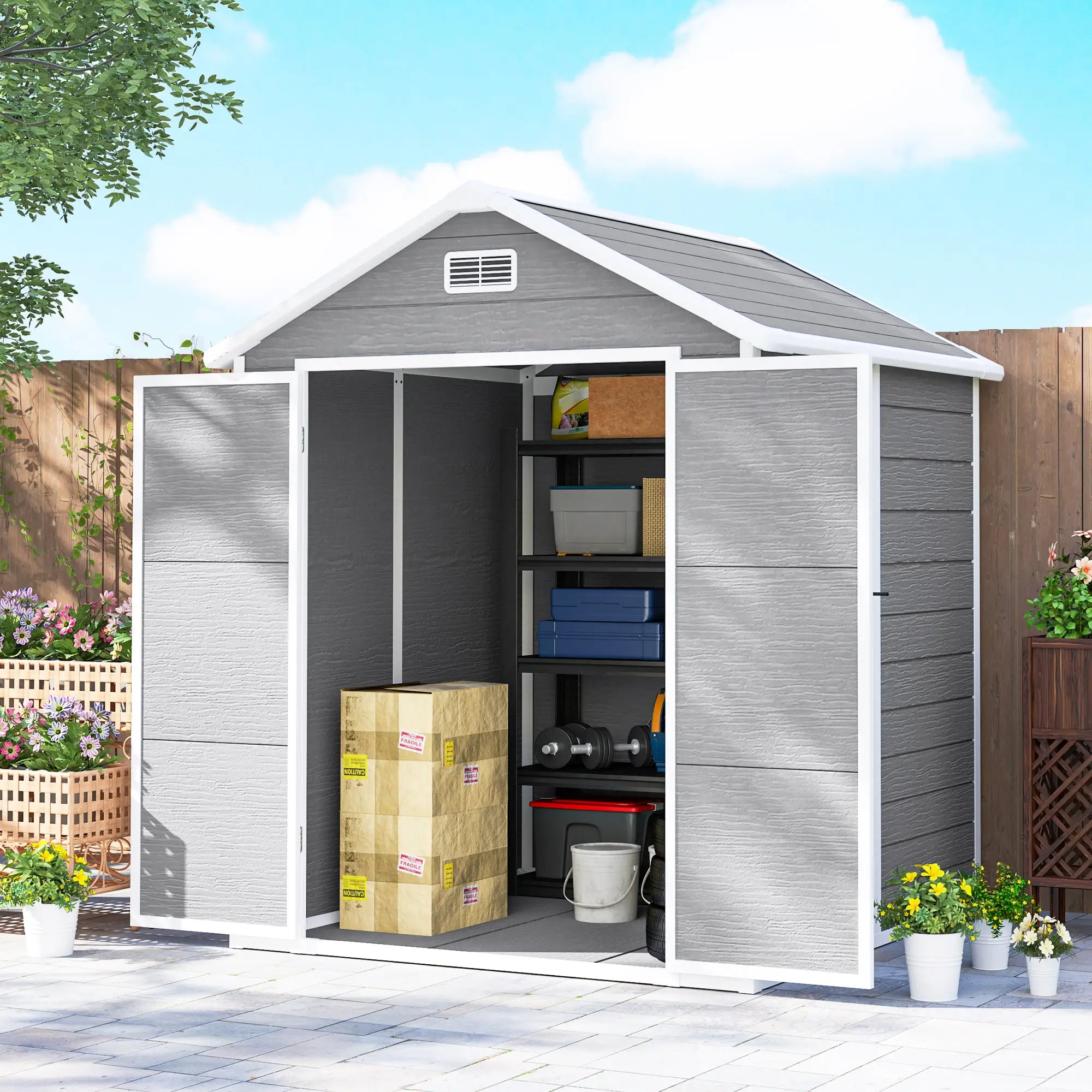 6' x 5' Plastic Outdoor Storage Shed, Garden Shed, Wood Effect Grey, Grey Sheds at Gallery Canada