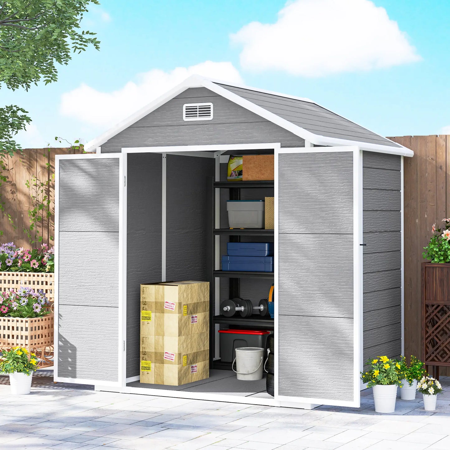 6' x 5' Plastic Outdoor Storage Shed, Garden Shed, Wood Effect Grey, Grey Sheds at Gallery Canada