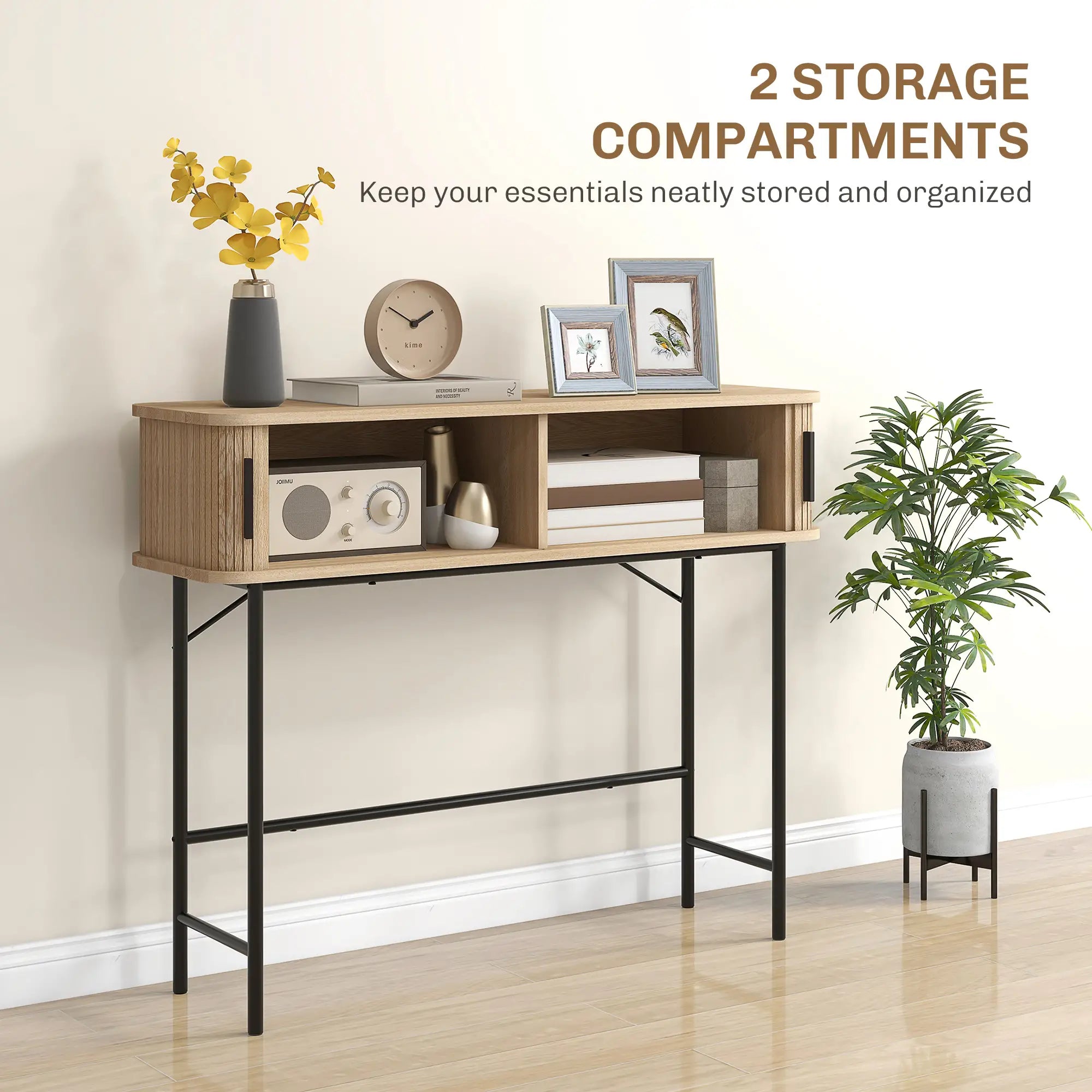 Mid-Century Narrow Console Table, Slatted Tambour Doors, Steel Legs, Oak, Black Console Tables at Gallery Canada