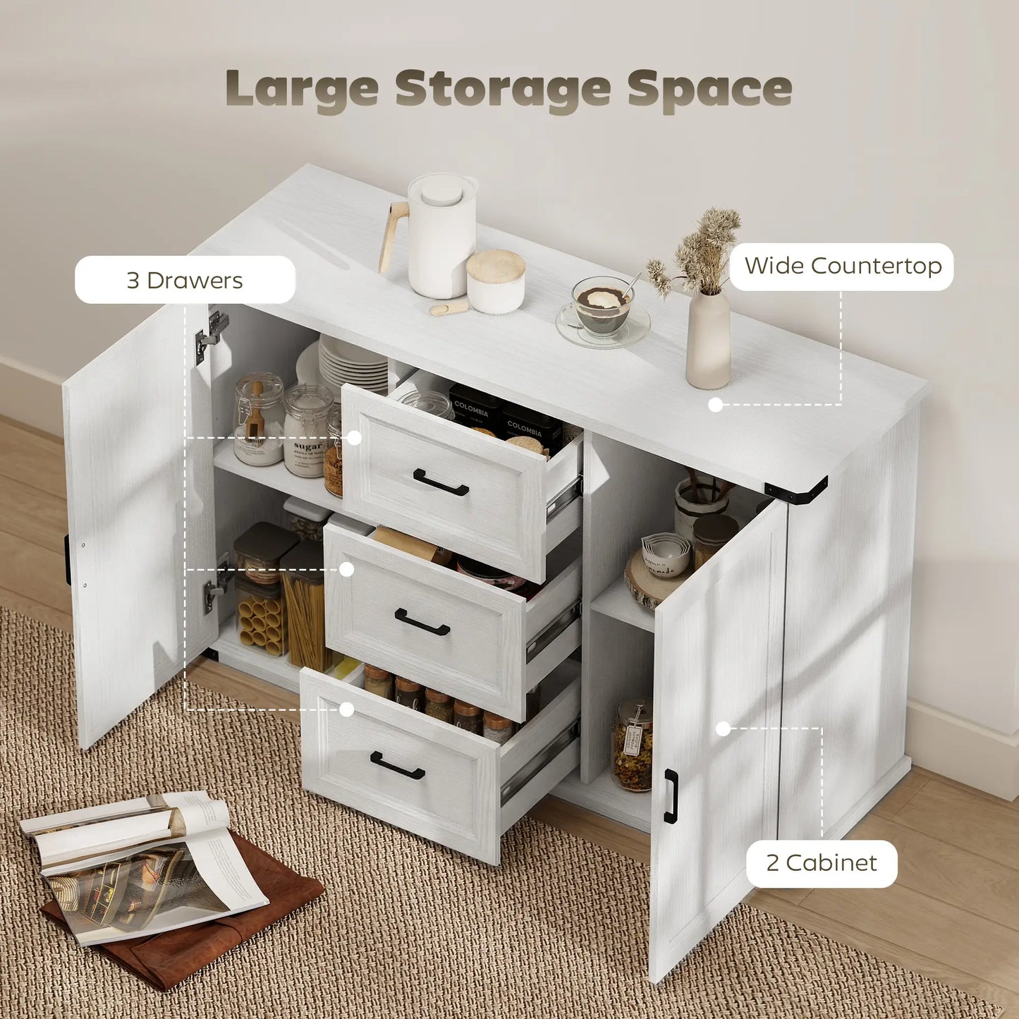 Sideboard With 3 Drawers, 2 Doors, 47" Buffet Cabinet, White Wood Grain, White Storage Cabinets at Gallery Canada
