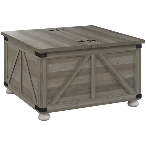 Farmhouse Coffee Table, Square Flip-Top Lid, Hidden Storage, Distressed, Grey