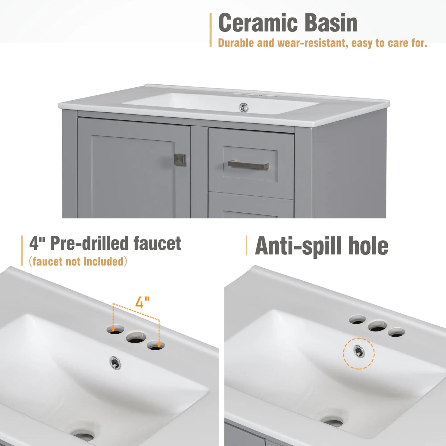 Bathroom Vanity with Sink, Solid Wood, Storage Cabinet, 30" L x 18" W x 34" H, Grey Sink Cabinets at Gallery Canada