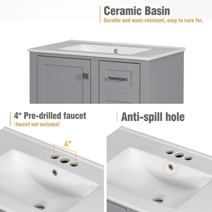 Bathroom Vanity with Sink, Solid Wood, Storage Cabinet, 30" L x 18" W x 34" H, Grey Sink Cabinets at Gallery Canada