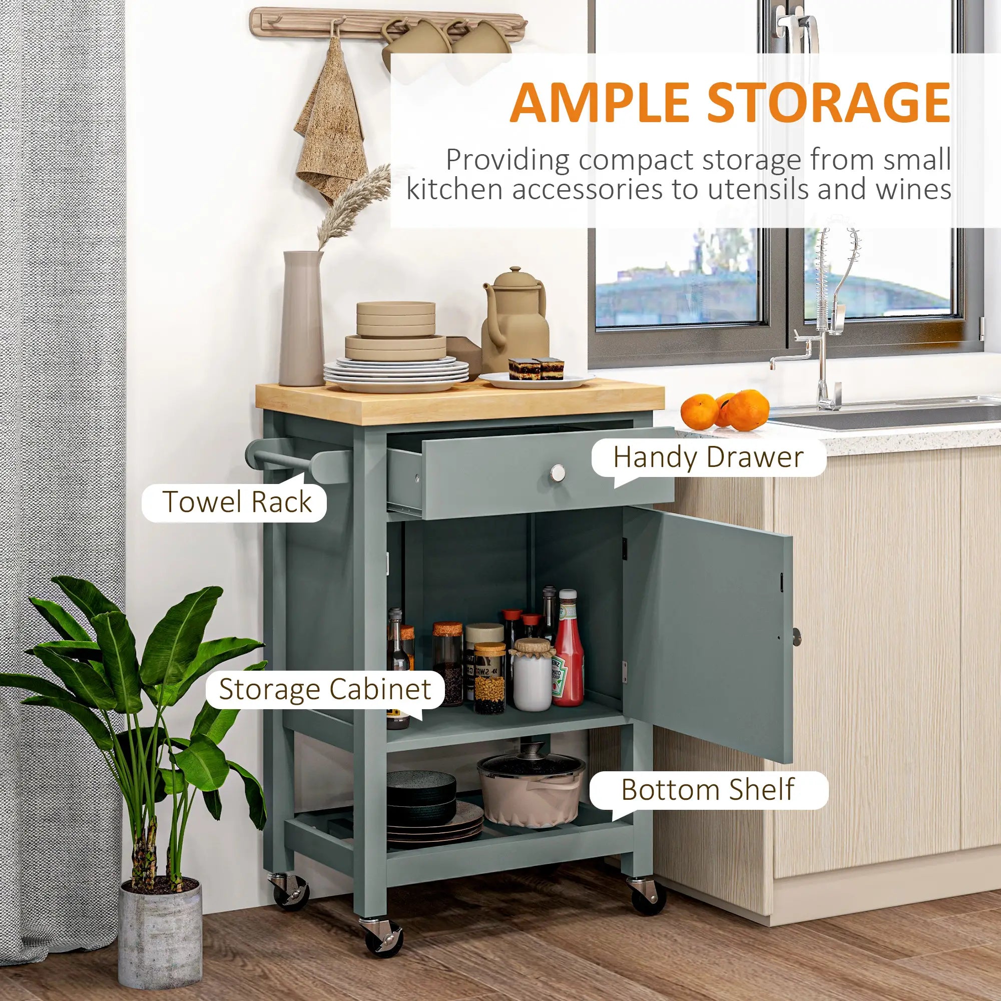 Kitchen Cart on Wheels, Wood Top, Towel Rack, Drawer, Shelf, Grey Kitchen Islands & Kitchen Carts at Gallery Canada