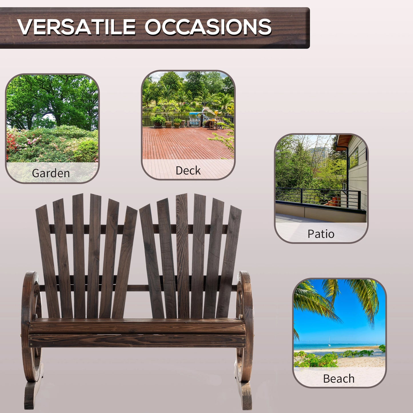 Outdoor Garden Bench, 2-Seat Wooden Patio Bench, Wheel-Shaped Armrests, Carbonized Outdoor Benches at Gallery Canada