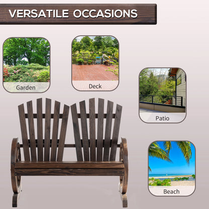 Outdoor Garden Bench, 2-Seat Wooden Patio Bench, Wheel-Shaped Armrests, Carbonized Outdoor Benches at Gallery Canada