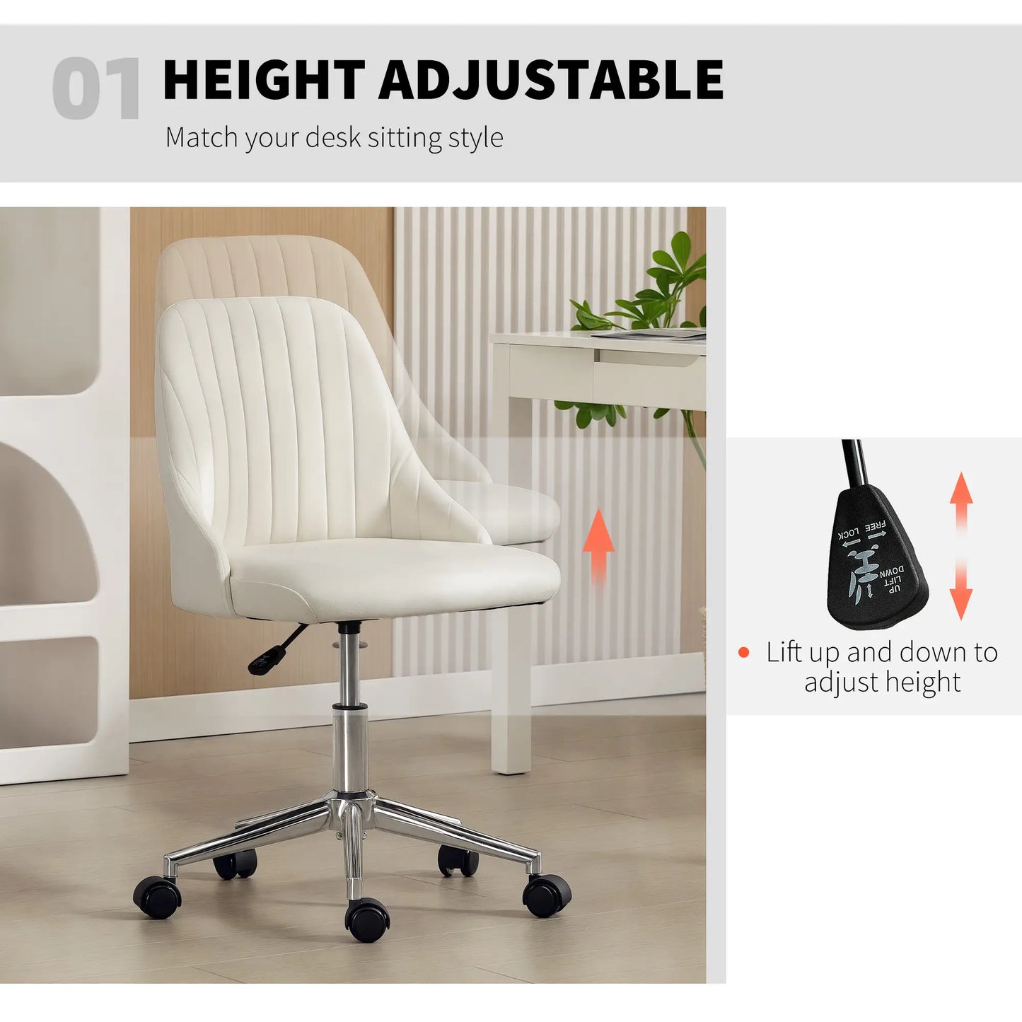 Velvet Adjustable Height Swivel Chair, Cream Task Chairs at Gallery Canada
