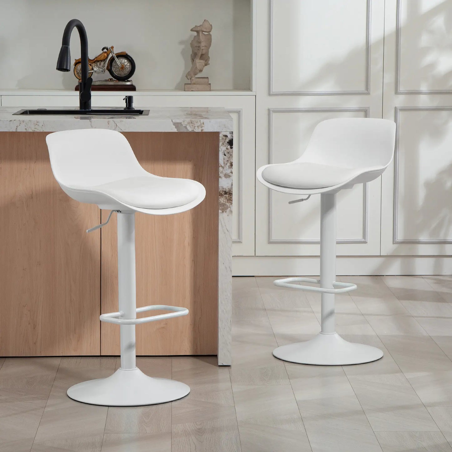 Counter Height Bar Stools Set of 2, Adjustable Swivel PU Leather, White Bar Stools at Gallery Canada