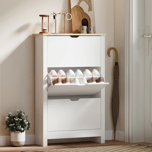 Shoe Storage Cabinet, 3 Flip Drawers, Adjustable Shelves, 9-18 Pairs, White