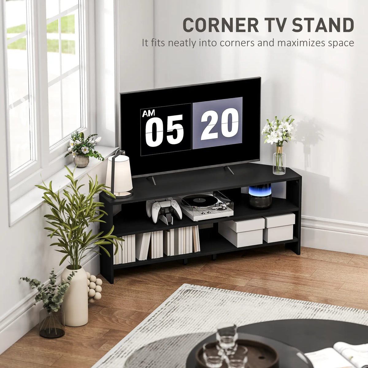 Corner TV Stand, 47 Inch, Modern Table With 2 Shelves, Black TV Stands at Gallery Canada