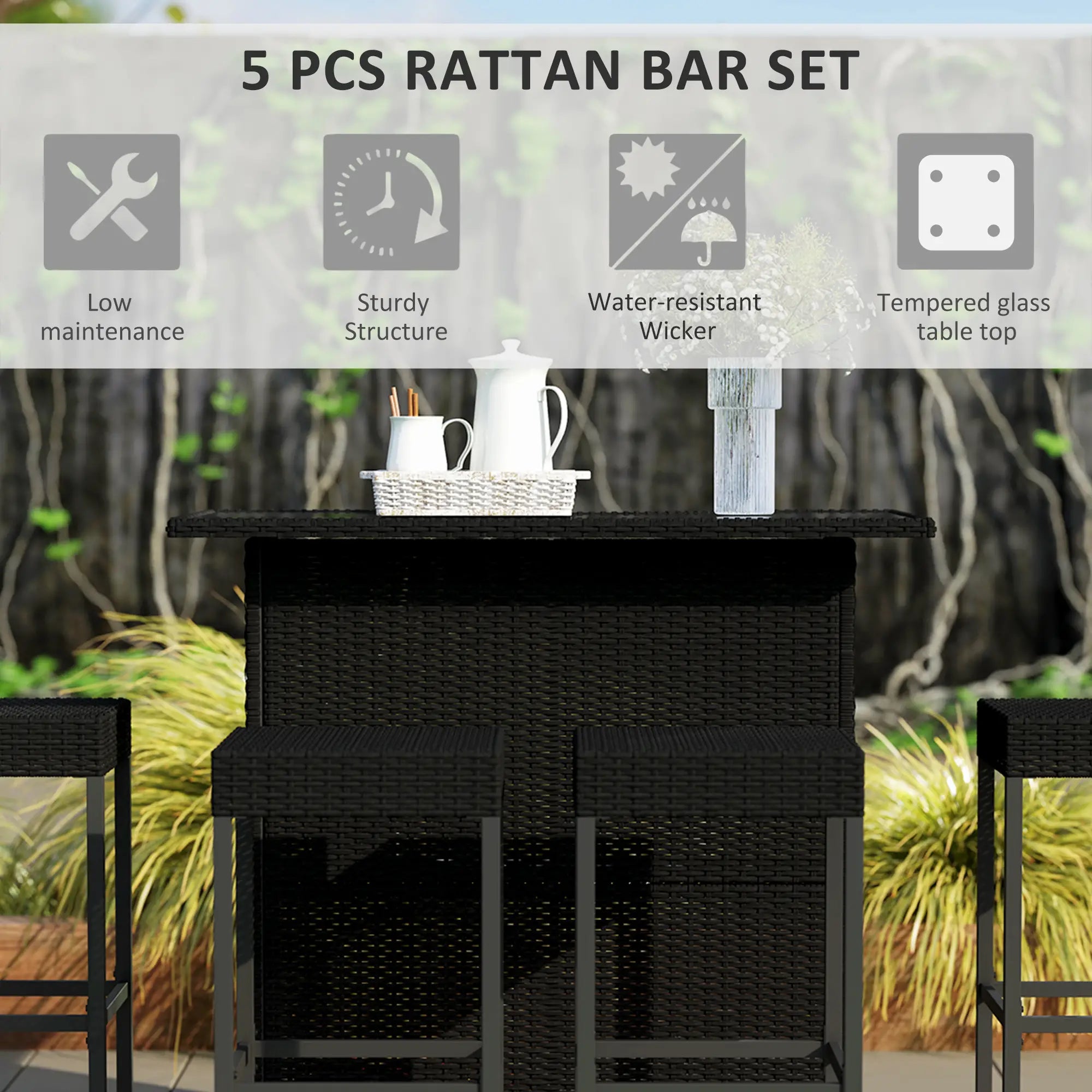 5-Piece Patio Bar Set, Outdoor PE Rattan Table and Chairs, Black Bistro Sets at Gallery Canada