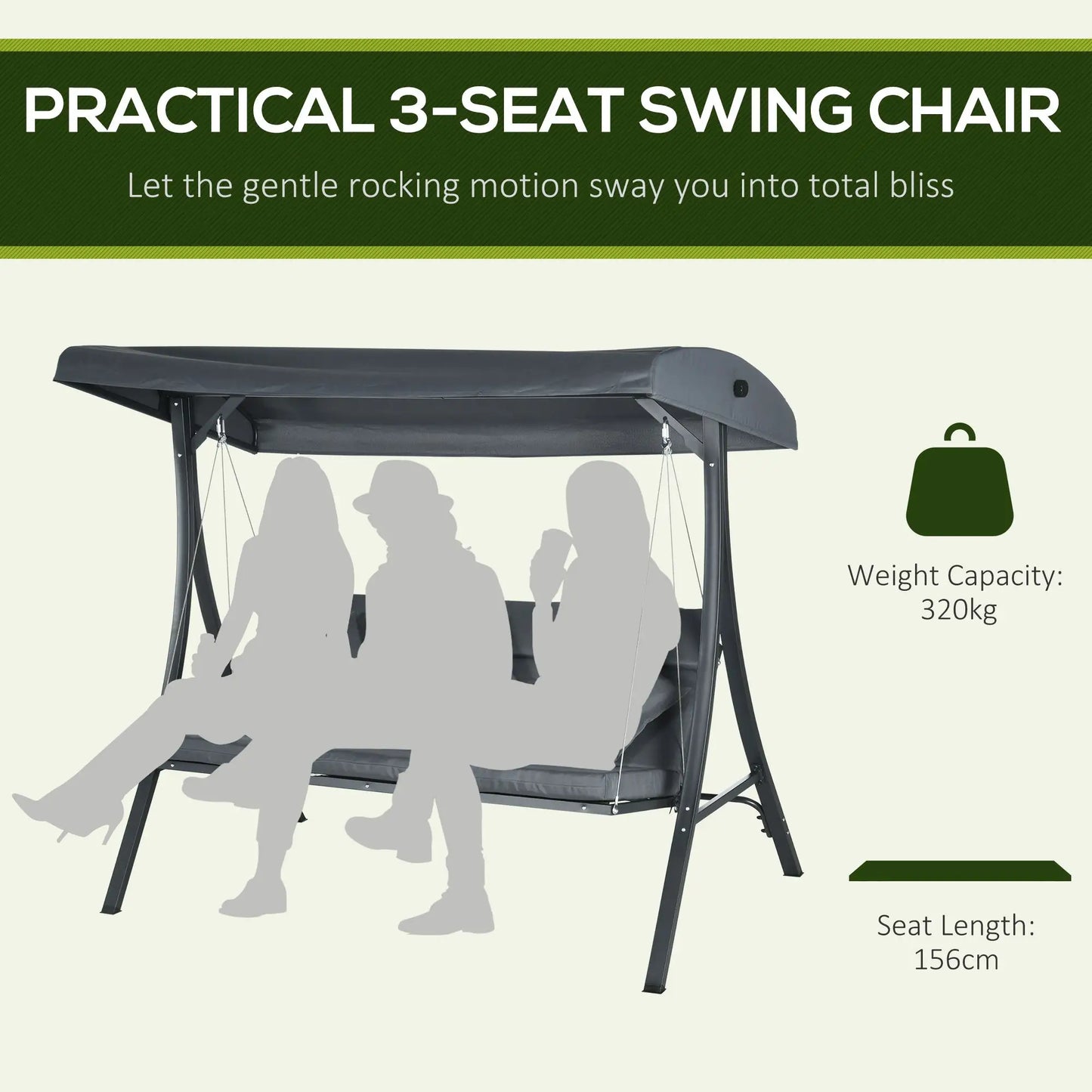 3-Person Patio Swing Chair, Adjustable Canopy, Cushioned Seat, Dark Grey Patio Swings with Stand at Gallery Canada