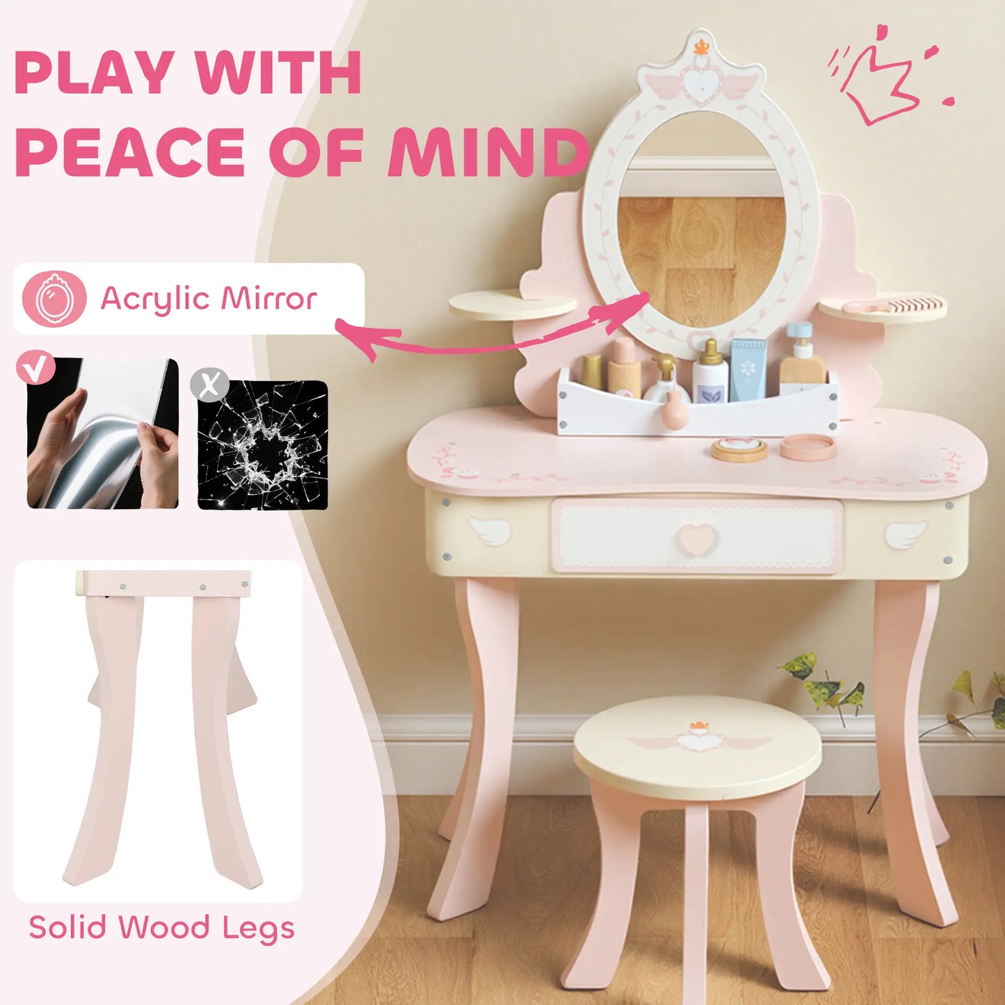 Kids Vanity Set with Mirror, Stool, 7 Accessories, Pink Toy Vanity at Gallery Canada