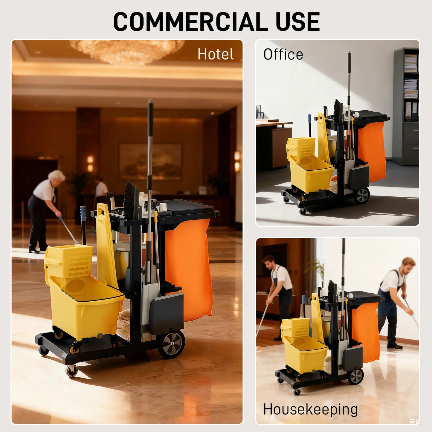 Commercial Janitorial Cart, 3 Tier Shelves, Black Household Supplies at Gallery Canada