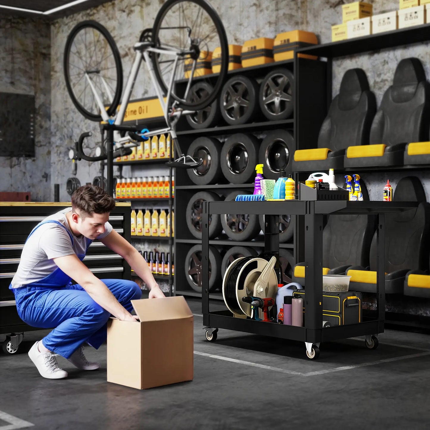 2-Tier Rolling Tool Cart, 500 LBS Capacity Plastic Utility Cart, Black Tool Organizers at Gallery Canada
