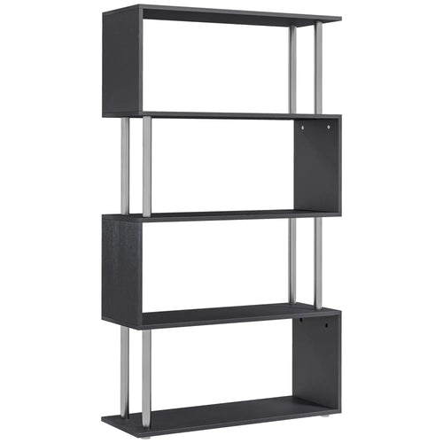 5-Tier Geometric Wooden Bookcase, S-Shaped Storage, Black